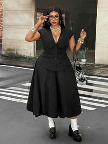 Maweii Plus Size Summer Design Ruched Sleeveless V-Neck Top And Floral Bud Skirt With Elastic Waist, Loose Fit, Slimming Two Pieces Set Dinner Black - Black - View 1