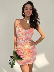 RiviMae Vestido mini ajustado y elegante con flores 3D para mujer, ideal para fiestas y uso casual - Rosa Pálido - Ver 3