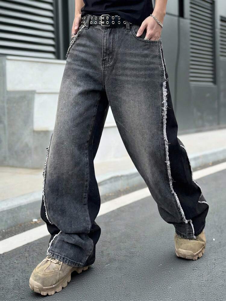 Manfinity EMRG Jeans de corte holgado para hombre con botones, bolsillos y bajo deshilachado en color contrastante - Gris Oscuro - Añade 4