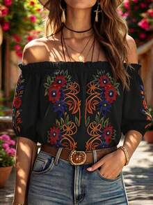 Hotletica Women's Off-Shoulder Ruffle Collar Short Sleeve Puff Sleeve Print Blouse, Loose Apricot Top, Slouchy, Casual Elegant Versatile For Daily Wear, Suitable For Western Theme Cruise, Festival Celebration, Beach Vacation, Music Festival, Bohemian Style Holiday, Back To School, Wedding, Teacher's Day, Mother's Day, All Seasons, Sexy Vacation For Beach Club, Havana Night, Beach Dinner And Other Occasions - Multicolor - View 1