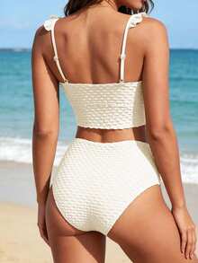 SHEIN Swim 女款白色領口肩帶荷葉邊高腰比基尼背心泳衣，夏季性感沙灘風 - 杏色 - 查看 2