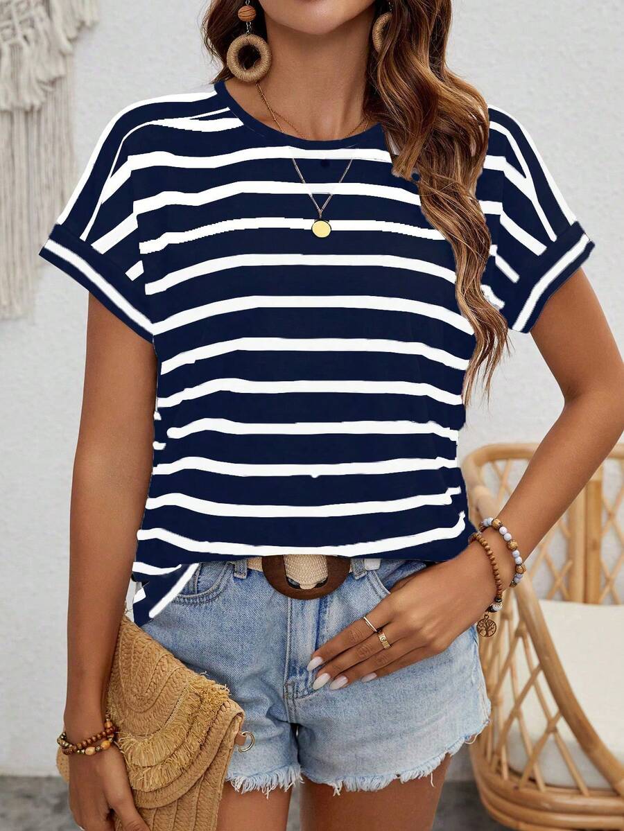 Louniche Striped Batwing Sleeve T-Shirt, Casual, Summer Graphic Tees Women Tops - Blue - View 1