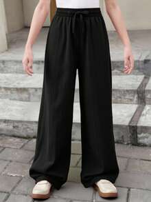 SHEIN Comfortable Long Black Pants For Tween Girls Designed Everyday Wear Wide Leg Loose Baggy Teen Fall Winter - Black - View 3
