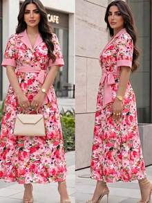 Modelyn Women's Lapel Short Sleeve Cinched Waist Elegant Romantic Summer Dress, Plus Size - Multicolor - View 1