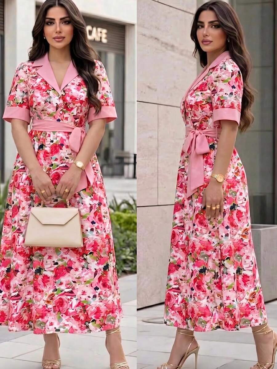 Modelyn Women's Lapel Short Sleeve Cinched Waist Elegant Romantic Summer Dress, Plus Size - Multicolor - View 1
