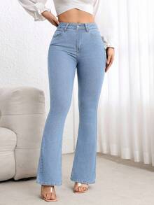 Flexra Petite Stylish Blue Flare Leg Jeans In Soft Denim Perfect For A Chic Casual Look ,Petite Women - Blue - View 4