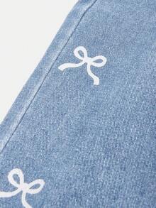 SHEIN Girlism 女童深色水洗藍色蝴蝶刺繡印花直筒牛仔褲 - 淺色水洗藍 - 查看 4