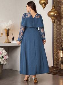 Modelyn Elegant Solid Color Contrast Lace Long Sleeve Cinched Waist A-Line Regular Fit Plus Size Dress For Spring And Autumn - Blue - View 2