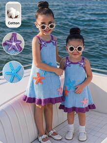 SHEIN Young Girl Young Girl Young Girl Knitted Starfish Pattern Spaghetti Strap Dress - Blue - View 4