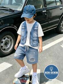 SHEIN 幼兒男童牛仔印花背心T恤與短褲套裝，夏季街頭風3件式穿搭，附假口袋細節、星星圖案、抽繩腰短褲 - 彩色 - 查看 1