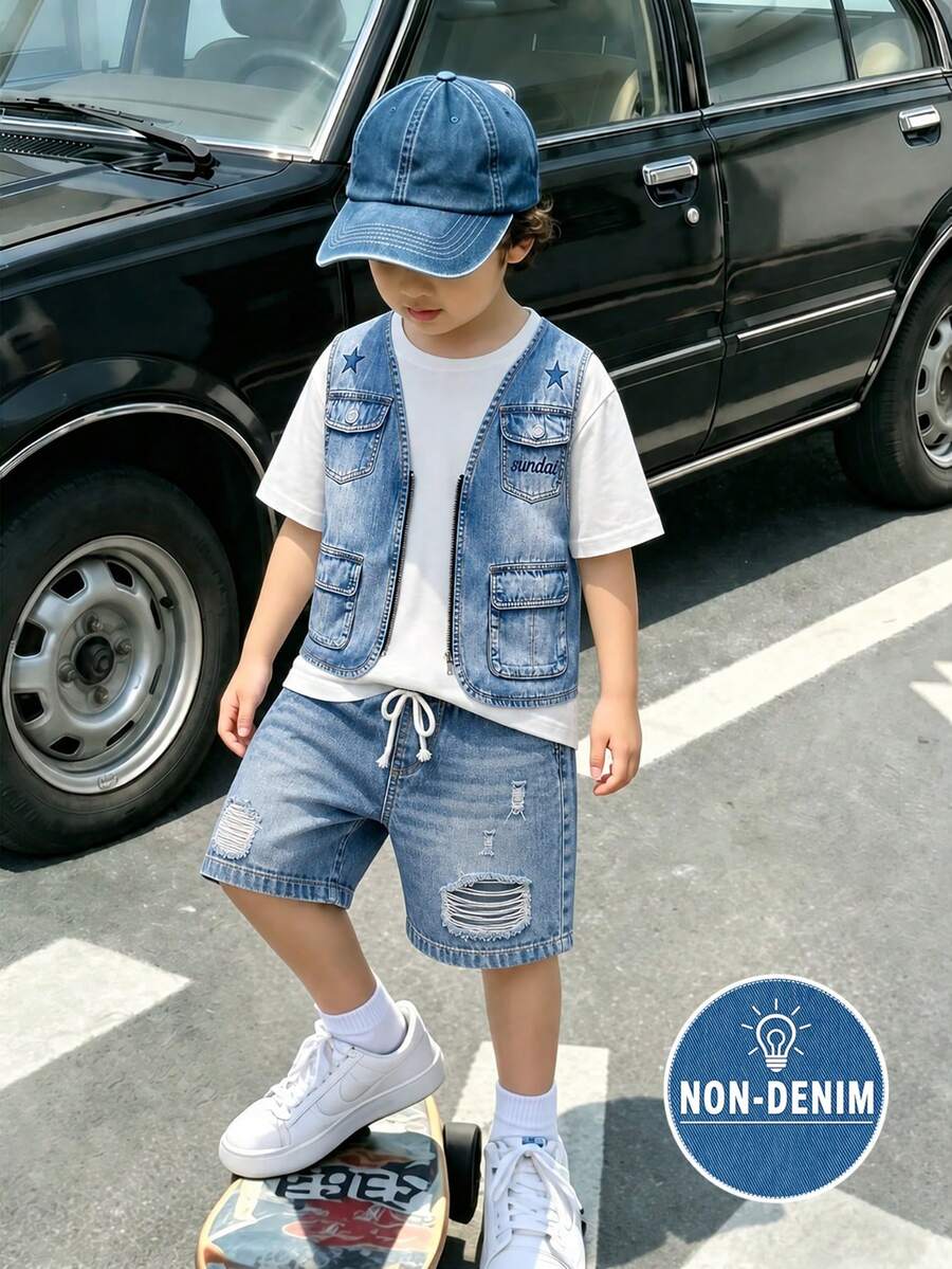 SHEIN 幼兒男童牛仔印花背心T恤與短褲套裝,夏季街頭風3件式穿搭,附假口袋細節、星星圖案、抽繩腰短褲 - 彩色 - 查看 1