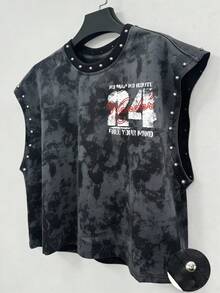 ROMWE MEN Camiseta sin mangas holgada con remaches y efecto desgastado estilo calle para hombre - Negro - Ver 2