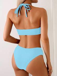 Swim Basics Women's Sexy 2-Piece Solid Color Double Strap Backless Bikini Swimsuit Set, Summer - Mint Blue - View 2