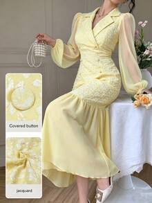 Modelyn Elegant Romantic Double-Breasted Lapel Collar Chiffon Patchwork Yellow Jacquard Dress Tea Party Summer - Yellow - View 1
