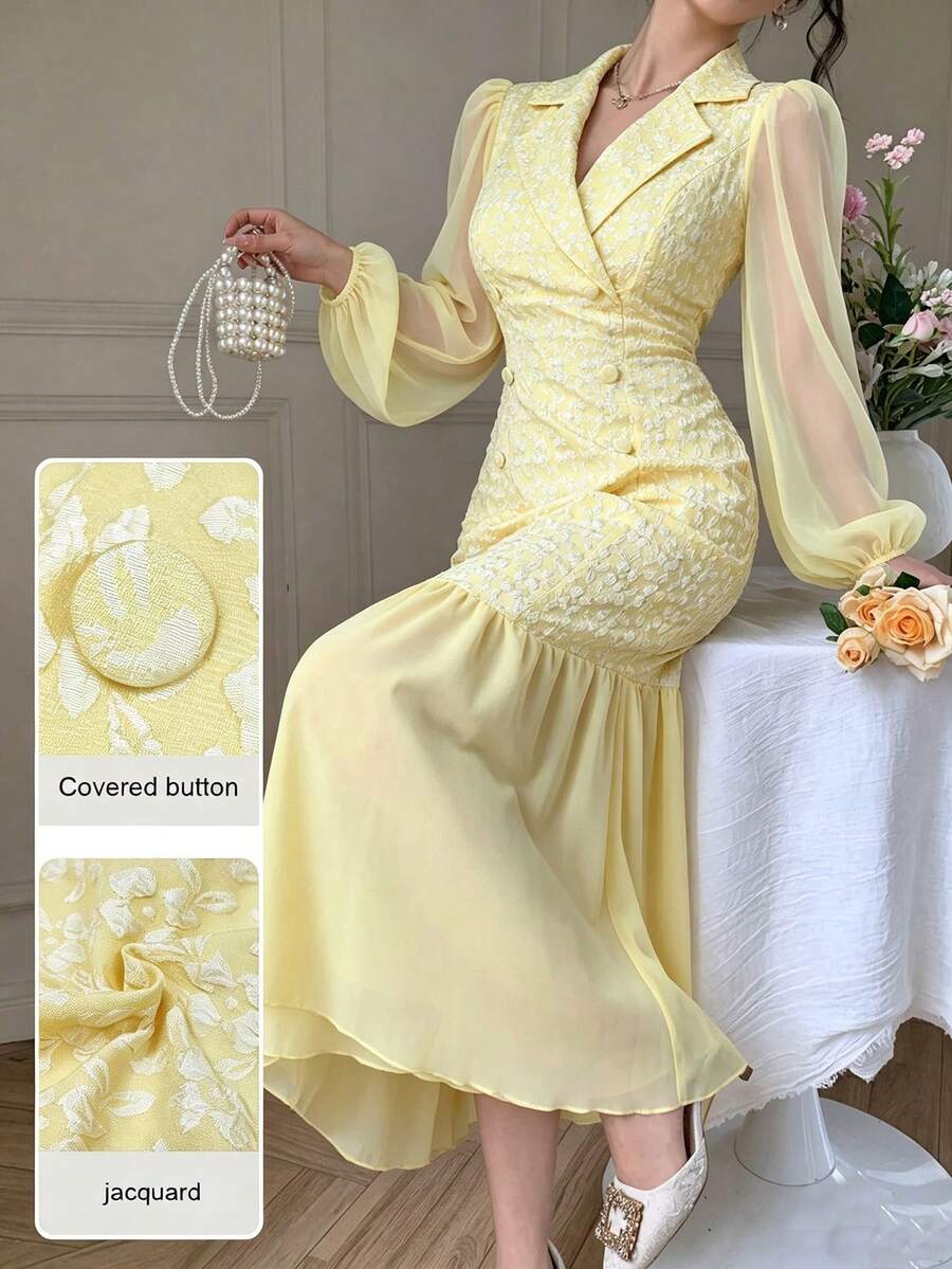 Modelyn Elegant Romantic Double-Breasted Lapel Collar Chiffon Patchwork Yellow Jacquard Dress Tea Party Summer - Yellow - View 1