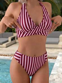Swim Mod Springbreak 女款夏季海灘條紋隨機印花交叉露背綁帶上衣拼接比基尼泳褲兩件式泳衣 - 彩色 - 查看 3