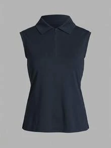CourtClass CourtClass 女款運動瑜珈戶外健身 Polo 衫，無袖，半拉鍊，開衩下擺 - 藏蓝色 - 查看 7