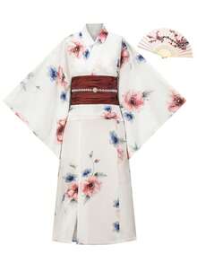 Irokai Japanese Traditional Kimono White Base Red & Blue Floral Print Pattern Women's Modified Two Pieces Yukata Set - Multicolor - View 5