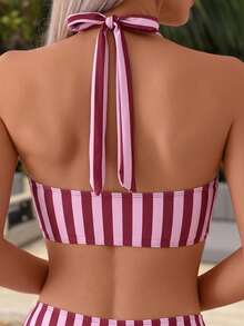 Swim Mod Springbreak 女款夏季海灘條紋隨機印花交叉露背綁帶上衣拼接比基尼泳褲兩件式泳衣 - 彩色 - 查看 5