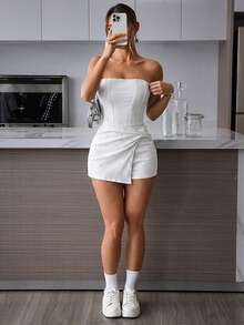 SHEIN PETITE 女款純色抓皺不對稱下擺無袖牛仔連身褲，適合嬌小女性 - 白色 - 查看 6