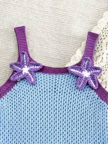 SHEIN Young Girl Young Girl Young Girl Knitted Starfish Pattern Spaghetti Strap Dress - Blue - View 5