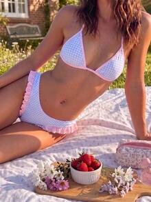 Swim Mod Conjunto de bikini multicolor para vacaciones dulces de mujer, diseño con cuello halter y volantes, adecuado para vacaciones en la playa - Multicolor - Ver 4