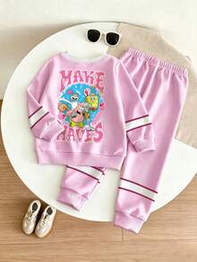 SpongeBob SquarePants | SHEIN GraphicGems 少女甜美粉色長袖運動衫與拼色條紋慢跑褲休閒套裝，適合春秋冬季 - 粉色 - 查看 2