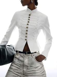 LYSMO Women's Fashion Design Metal Button Long Sleeve Blazer Office Dinner Formal Corporate White Summer Elegant - Beige - View 7