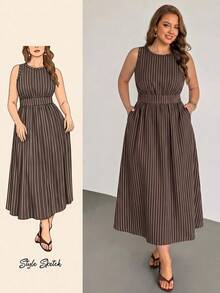 Auralis Brown Striped Plus Size Women's Round Neck Sleeveless Pocket Casual Dress - Multicolor - View 1