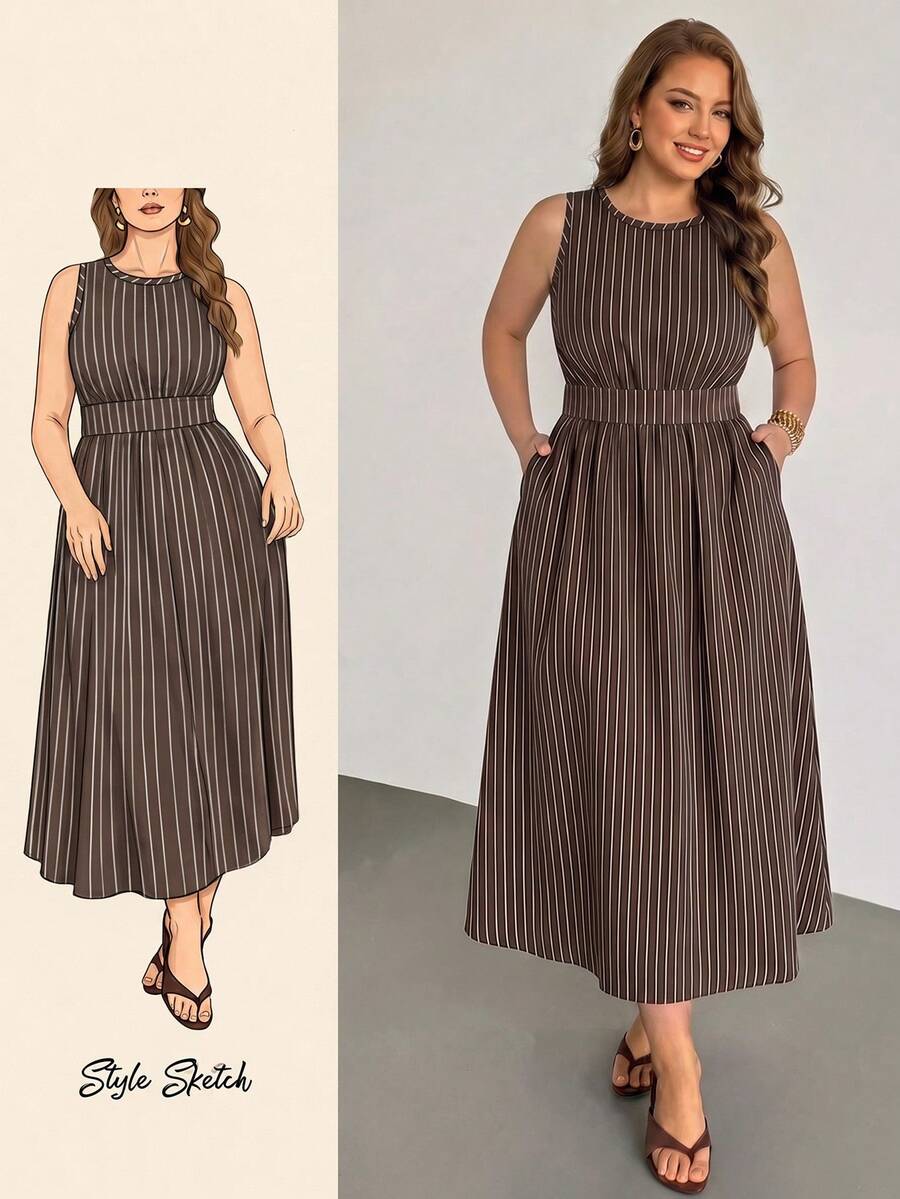 Auralis Brown Striped Plus Size Women's Round Neck Sleeveless Pocket Casual Dress - Multicolor - View 1
