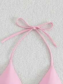 Elavelle Women's Solid Color Halter Neck Tie Front Sexy Bikini Top For Summer Beach Vacation - Baby Pink - View 6