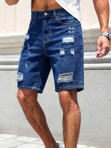 Manfinity Homme Men's Casual Ripped Straight Leg Blue Denim Shorts, Street Fashion For Spring/Summer - Dark Wash - View 6