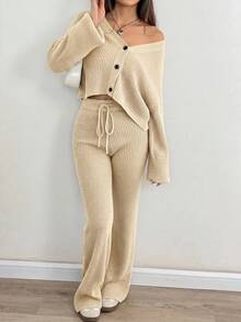 SHEIN EZwear 女款純色V領單排扣長袖上衣與長褲針織兩件套 - 杏色 - 查看 3