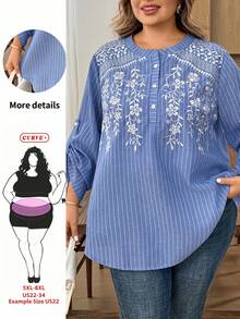 SHEIN CURVE+ New Embroidered Striped Casual Comfortable Daily Versatile Vacation Long Sleeve Shirt Fall - Blue - View 8