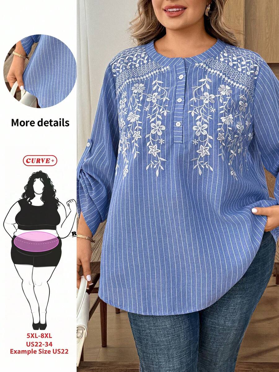 SHEIN CURVE+ New Embroidered Striped Casual Comfortable Daily Versatile Vacation Long Sleeve Shirt Fall - Blue - View 1