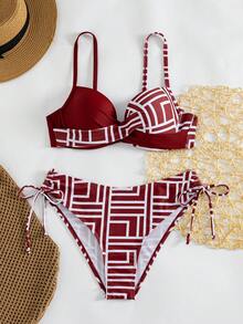 Swim Lushoire 女款夏季海灘幾何印花細肩帶性感比基尼三角內褲兩件式泳衣套裝 - 彩色 - 查看 4