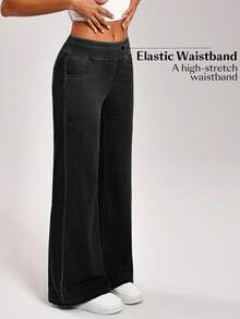 SHEIN PETITE Celana Jeans Wanita Kasual Model Lurus Longgar dengan Motif Cuci, Ukuran Petite Wanita - Grey - View 8