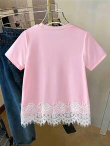 女童珠飾蝴蝶結刺繡圓領短袖休閒標準尺寸T恤 - 粉色 - 查看 3