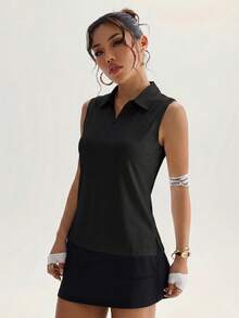 CourtClass CourtClass 女款運動瑜珈戶外健身 Polo 衫，有領、無袖、半拉鍊、開衩下擺 - 黑色 - 查看 3