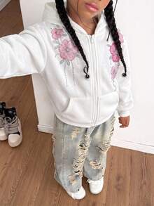 Fall Winter Girls' Floral Print Hooded Zip-Up Jacket - Colorblock Letter Print Street Style Back To School Warm Knit Fabric Suitable For Fall Winter S - Multicolor - View 4
