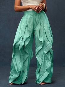 Vixey Solid Textured Woven Elastic Waistband Ruffle Wide Leg Pants, Vacation Pants, Resort Wear, Resort Chic, Beach To Dinner - Lime Green - View 2