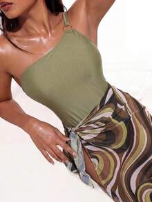Oceva Women's Solid Color One-Shoulder One-Piece Swimsuit With All-Over Print Cover-Up Skirt Set Beach Party Vacation Olive Green Summer Sexy Tropical - Multicolor - View 6