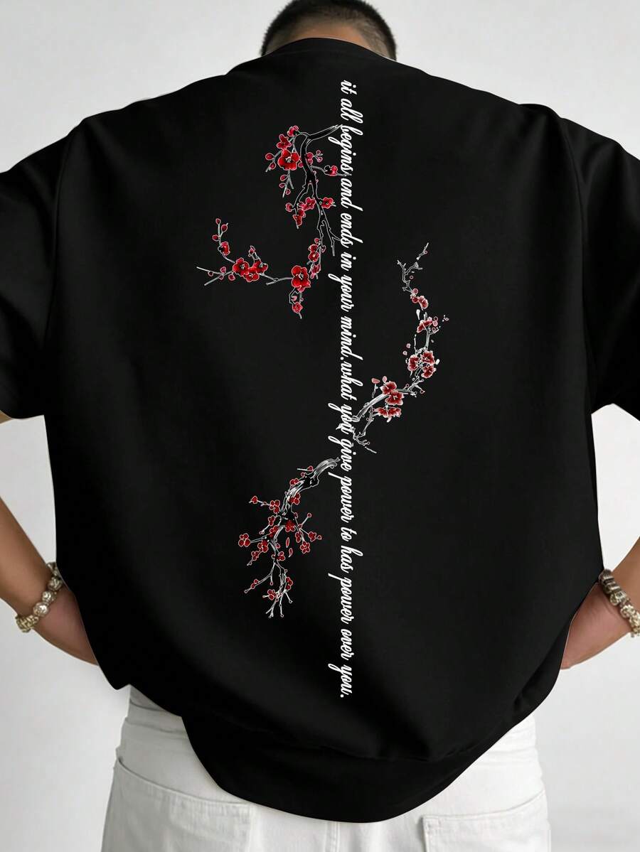 NEOREFINED 男士時尚花卉印花圓領短袖T恤,適合日常穿著 - 黑色 - 查看 1