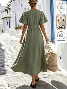 Louniche Women's Solid Color Casual Tropical Vacation Comfortable Dress, Spring/Summer Overlap V-Neck Ruffle Sleeve, Waist Tie Hem Slit Brunch Sage Green - Army Green - View 2