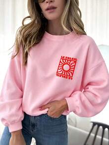 DrmWander Plus Size Casual Vacation Applique Letter Print Crew Neck Long Sleeve Sweatshirt - Pink - View 10