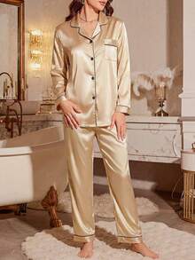 LuxeNights Contrast Binding Satin Pyjama Set - Champagne - View 3