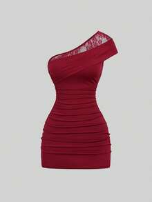 Sweetra Women's Fashion Elegant Sexy Asymmetrical Shoulder Premium Burgundy Color Block Lace Mini Dress Date Night Night Out Summer - Burgundy - View 3
