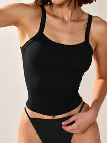 INAWLY Women's Solid Color Strap Tank Top - Black - View 7