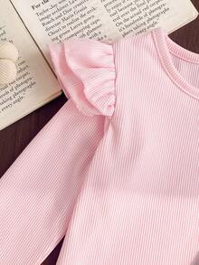 SHEIN 女嬰牛仔吊帶褲2件套，秋季新品，可愛休閒復古風，水洗中藍色牛仔，蝴蝶結毛巾刺繡，寬鬆直筒褲腿，百搭日常穿搭上衣套裝，適合日常外出、週末度假、假日氛圍穿搭 - 粉色 - 查看 4
