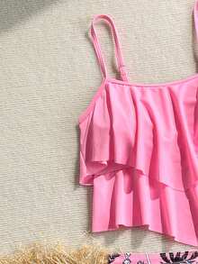Swim Lushoire 女款粉色荷葉邊連身泳衣，高腰遮肚，椰子樹印花，保守款，兩件式，度假溫泉泳衣 - 粉色 - 查看 5